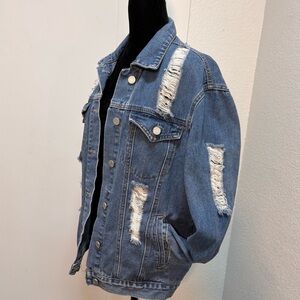 BEE&CECI Distressed Denim Trucker Jacket L Blue Heavy Ripped Shredded Back Edgy